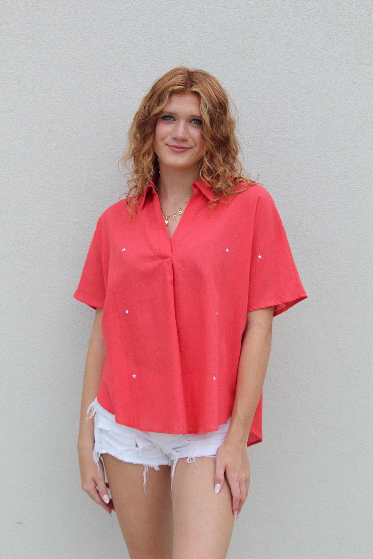 Star Embroidered Top - Red