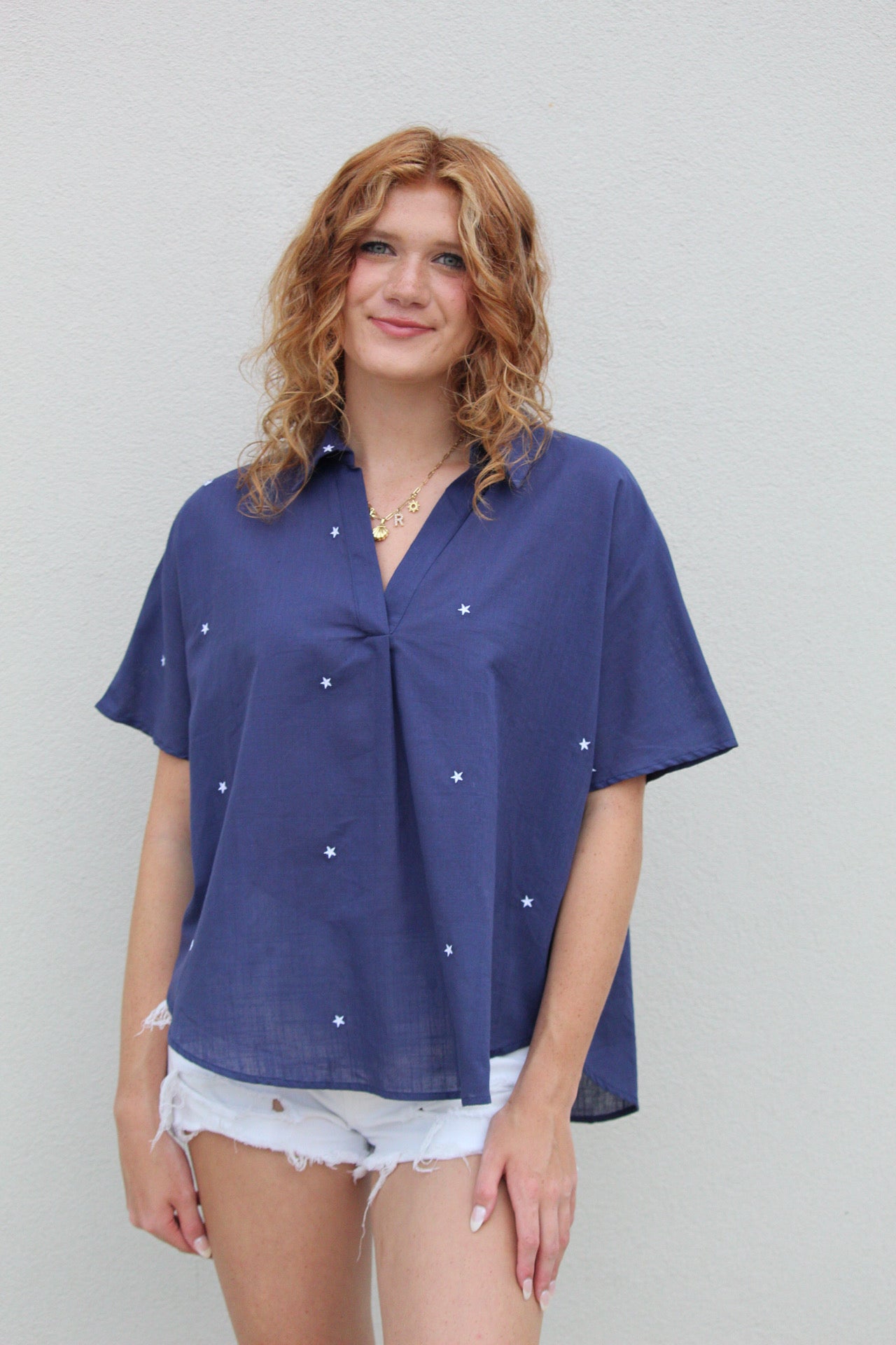 Star Embroidered Top - Navy