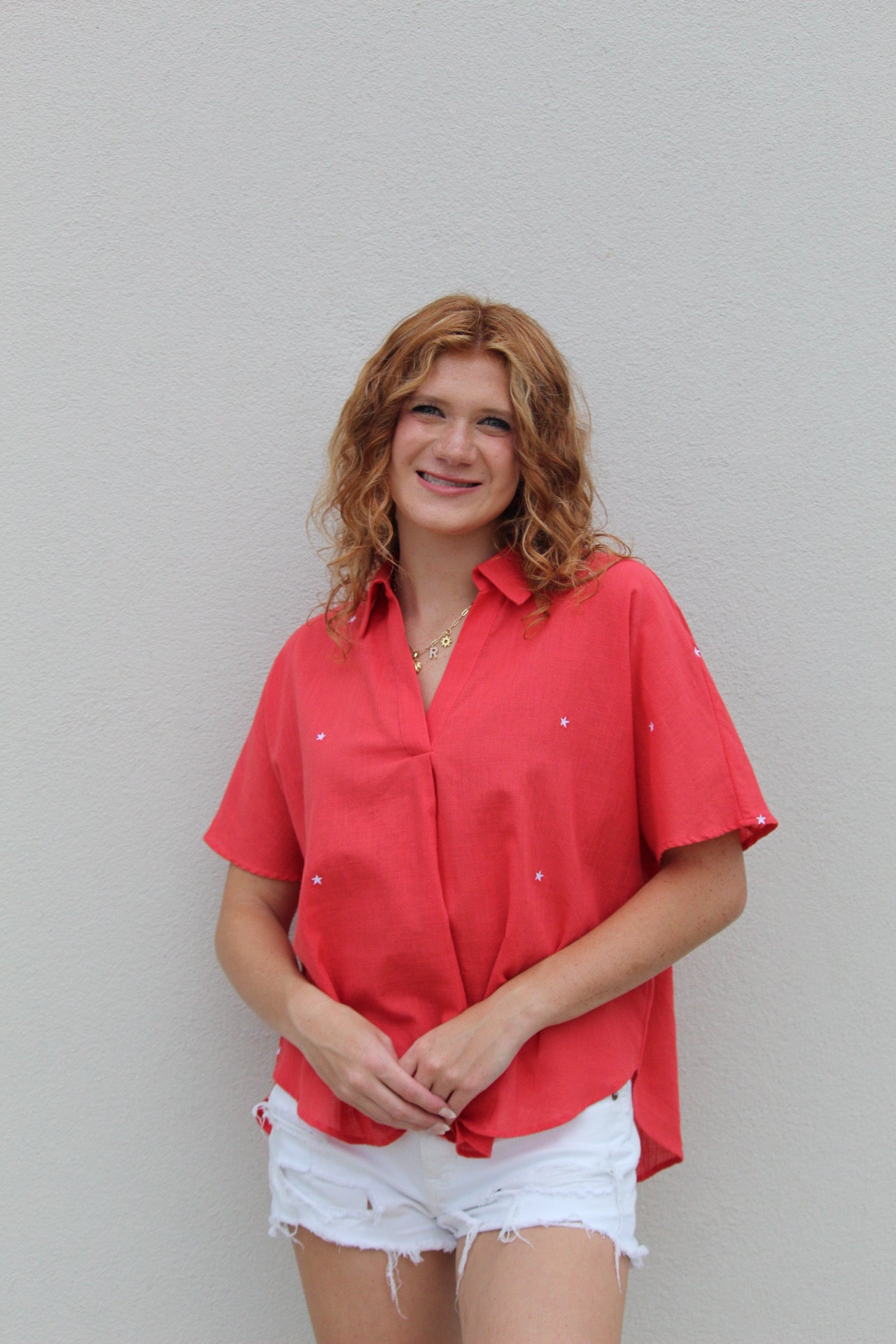 Star Embroidered Top - Red