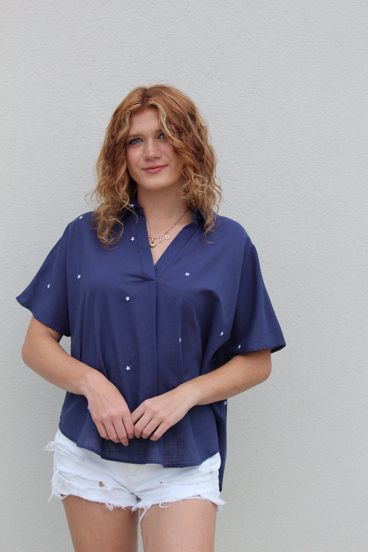 Star Embroidered Top - Navy